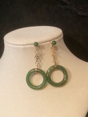 Green Jade Color Hoop Drop Earrings with Gold Accents